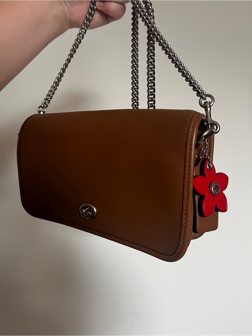 Coach Tan Leather Turnlock Clutch w/ Flower Charm